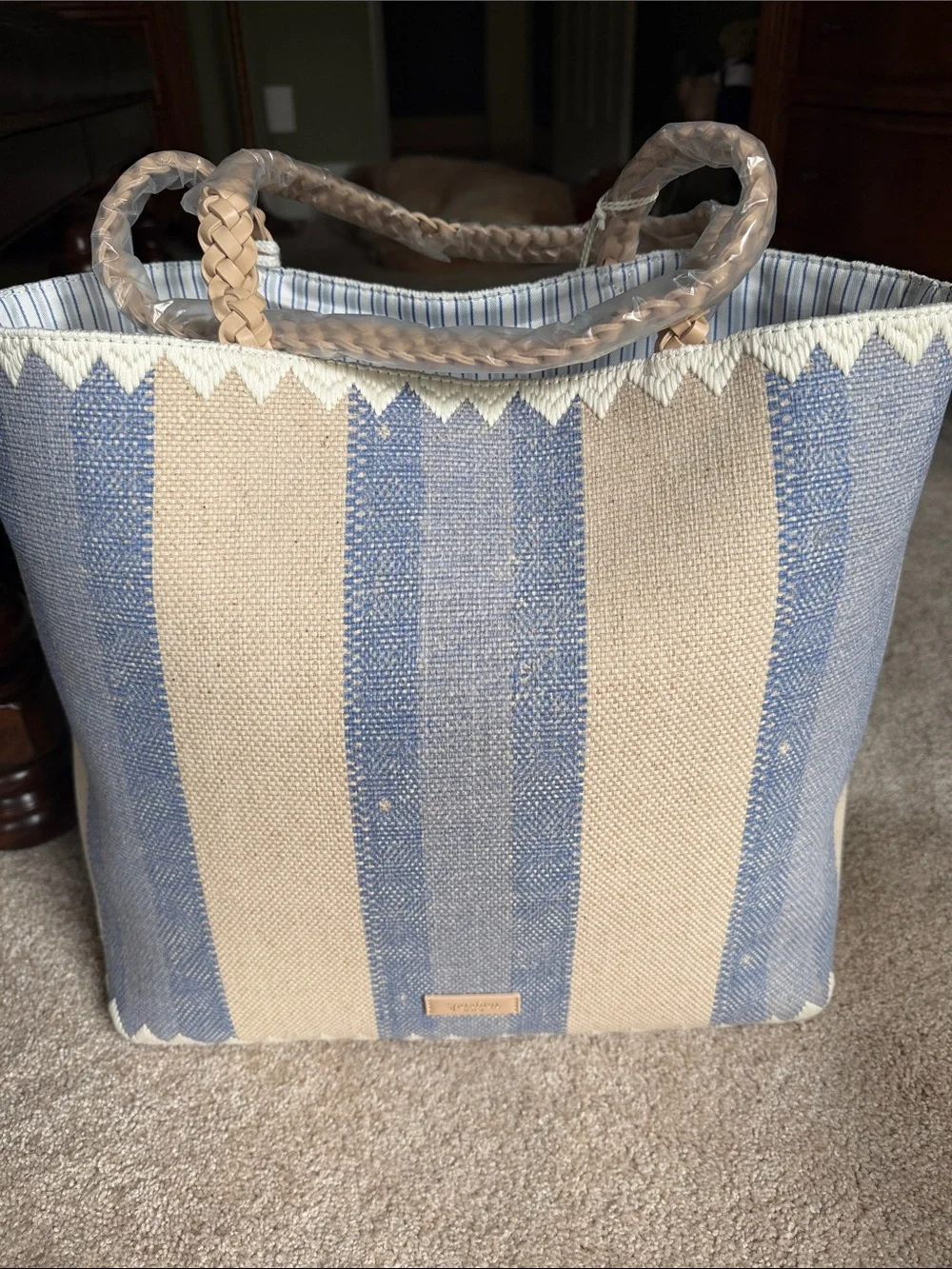 Spartina 449 Blue and Cream Striped Palm Tote with Tassels - Picture 3 of 6